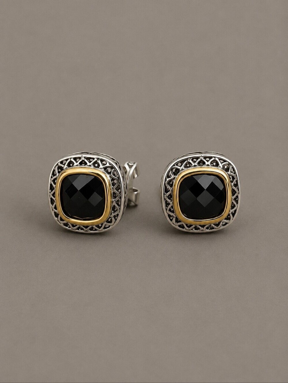 Jankuo 1990s Black Onyx Cubic Zirconia Two Tone Square Cushion Omega Earrings